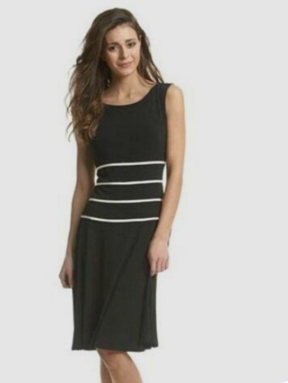 Connected Apparel Black Midi Dress with White Stripe Details At Waistline